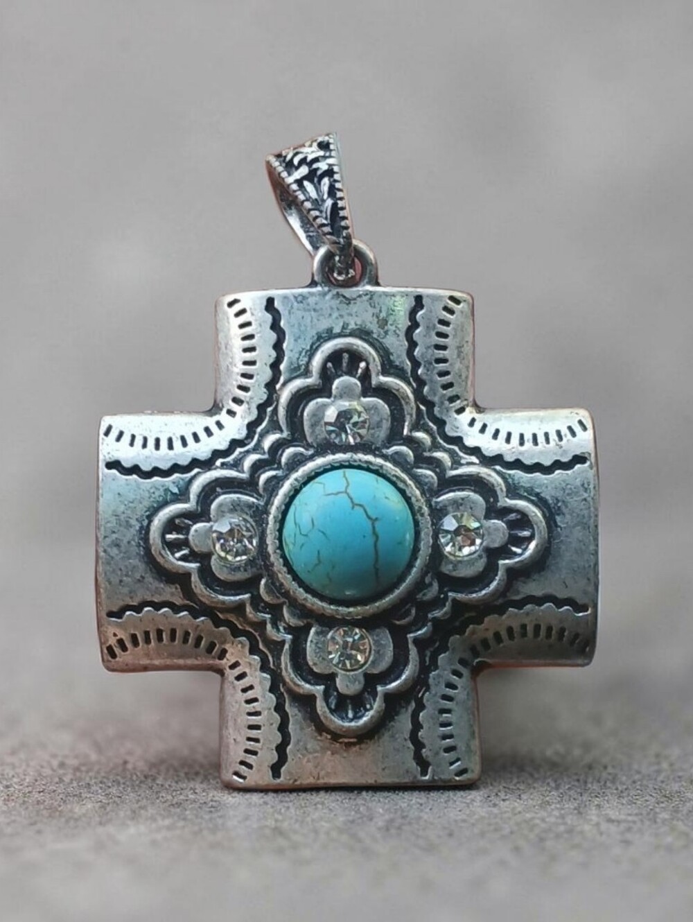 Western Turquoise Cross Pendant | Silver Tone Boho Statement Necklace Charm